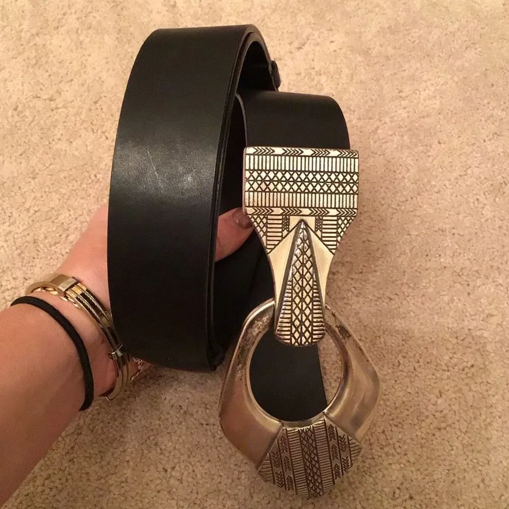 Chico’s Aztec Black Leather Belt with Silver Buckle